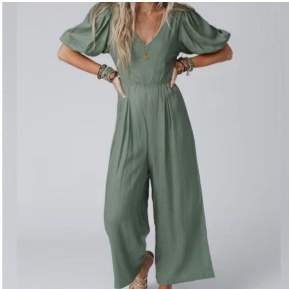 Aaron&Amber Linen Olive Green Jumpsuit View 2